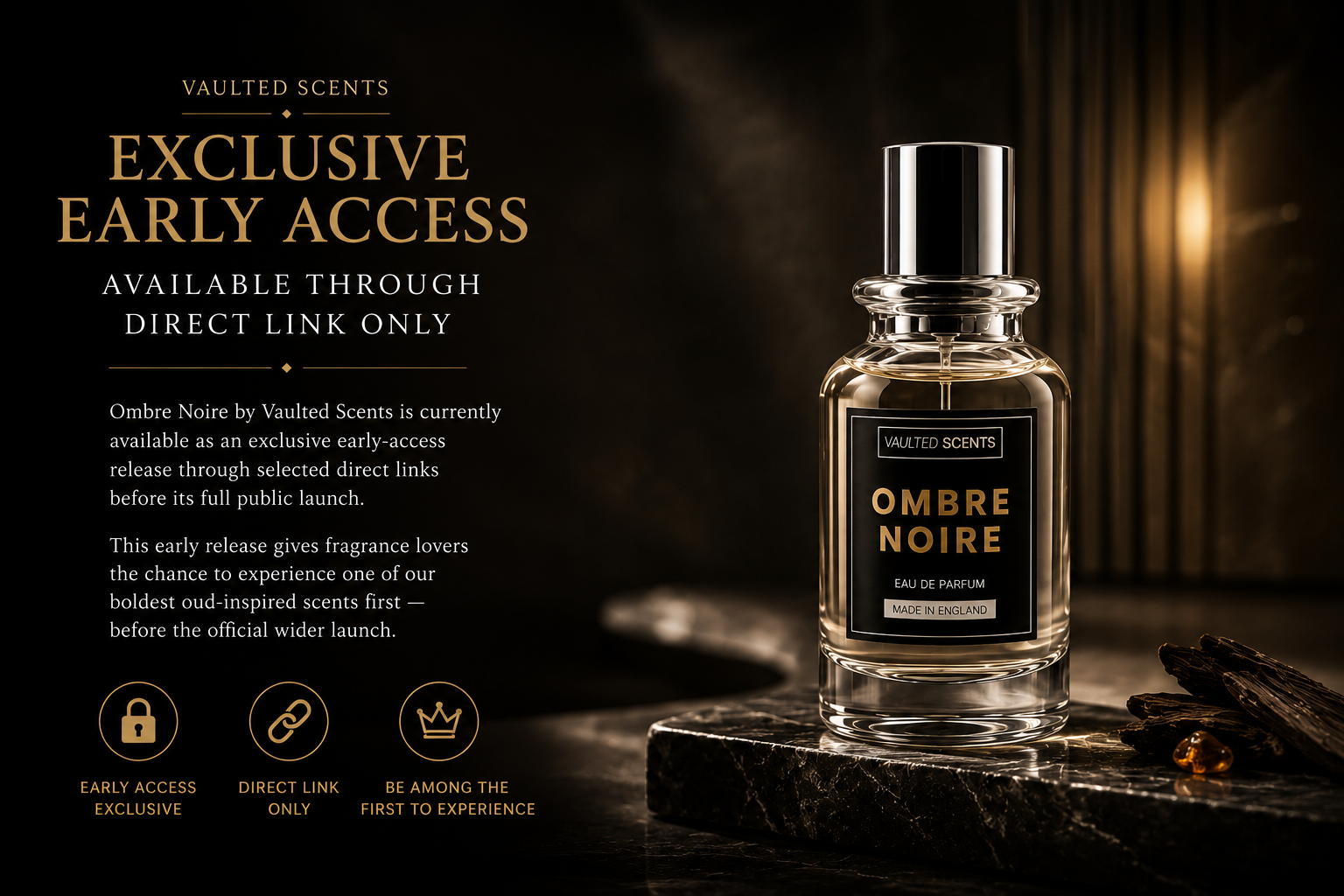 Ombre Noire by Vaulted Scents, an exclusive early-access designer-inspired unisex Eau de Parfum with saffron, incense, rose, raspberry, oud, amberwood and benzoin, inspired by Ombre Nomade.