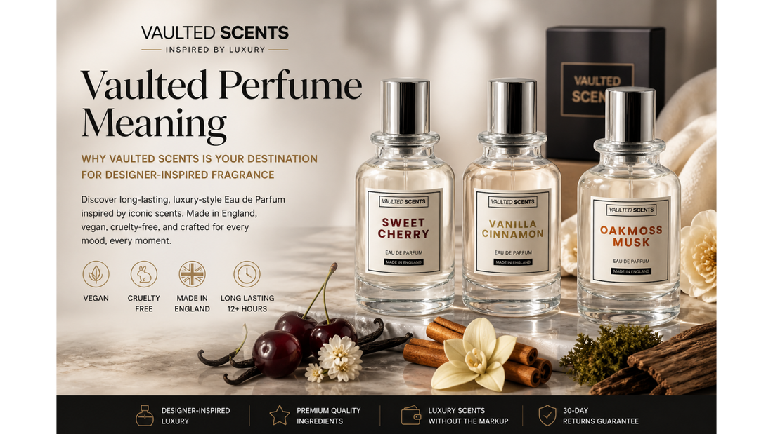 Three Vaulted Scents perfume bottles — Sweet Cherry, Vanilla Cinnamon, and Oakmoss Musk — displayed as designer-inspired Eau de Parfum for the “Vaulted Perfume Meaning” blog article.