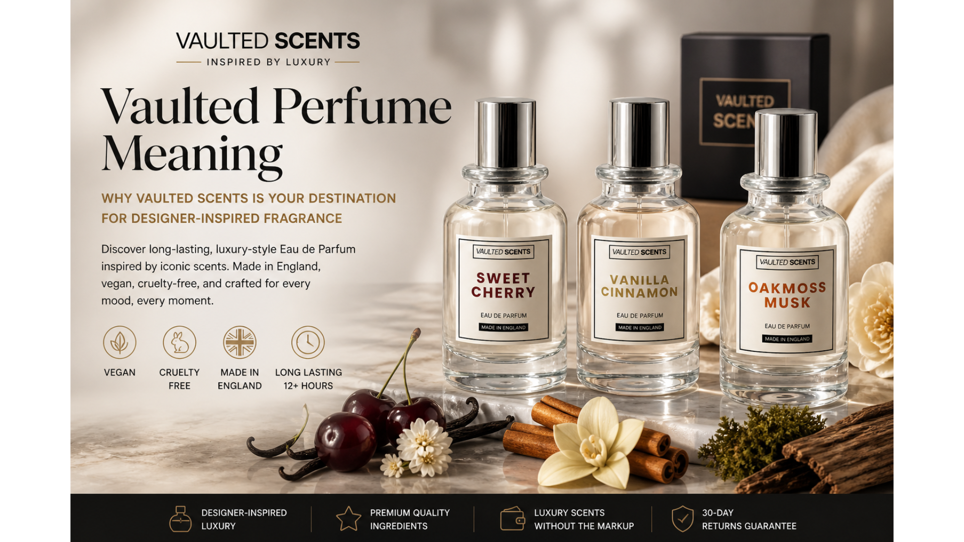 Three Vaulted Scents perfume bottles — Sweet Cherry, Vanilla Cinnamon, and Oakmoss Musk — displayed as designer-inspired Eau de Parfum for the “Vaulted Perfume Meaning” blog article.