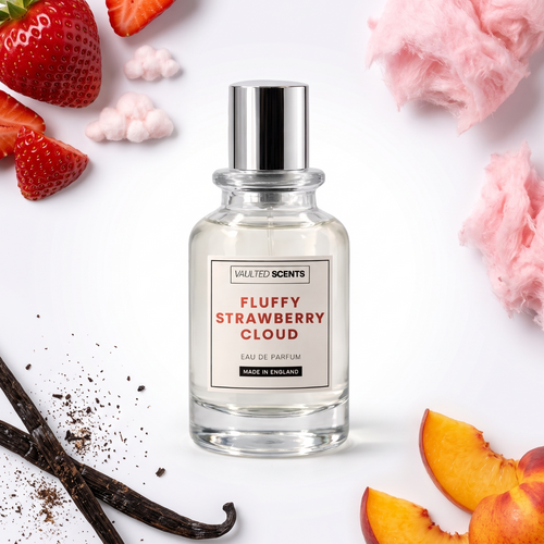 Vaulted Scents Fluffy Strawberry Cloud Eau de Parfum for Her, a sweet, girly strawberry marshmallow perfume inspired by Yum Boujee Marshmallow, featuring a delicious dessert-like fragrance perfect for everyday wear, nights out and lovers of creamy, sugary gourmand scents.