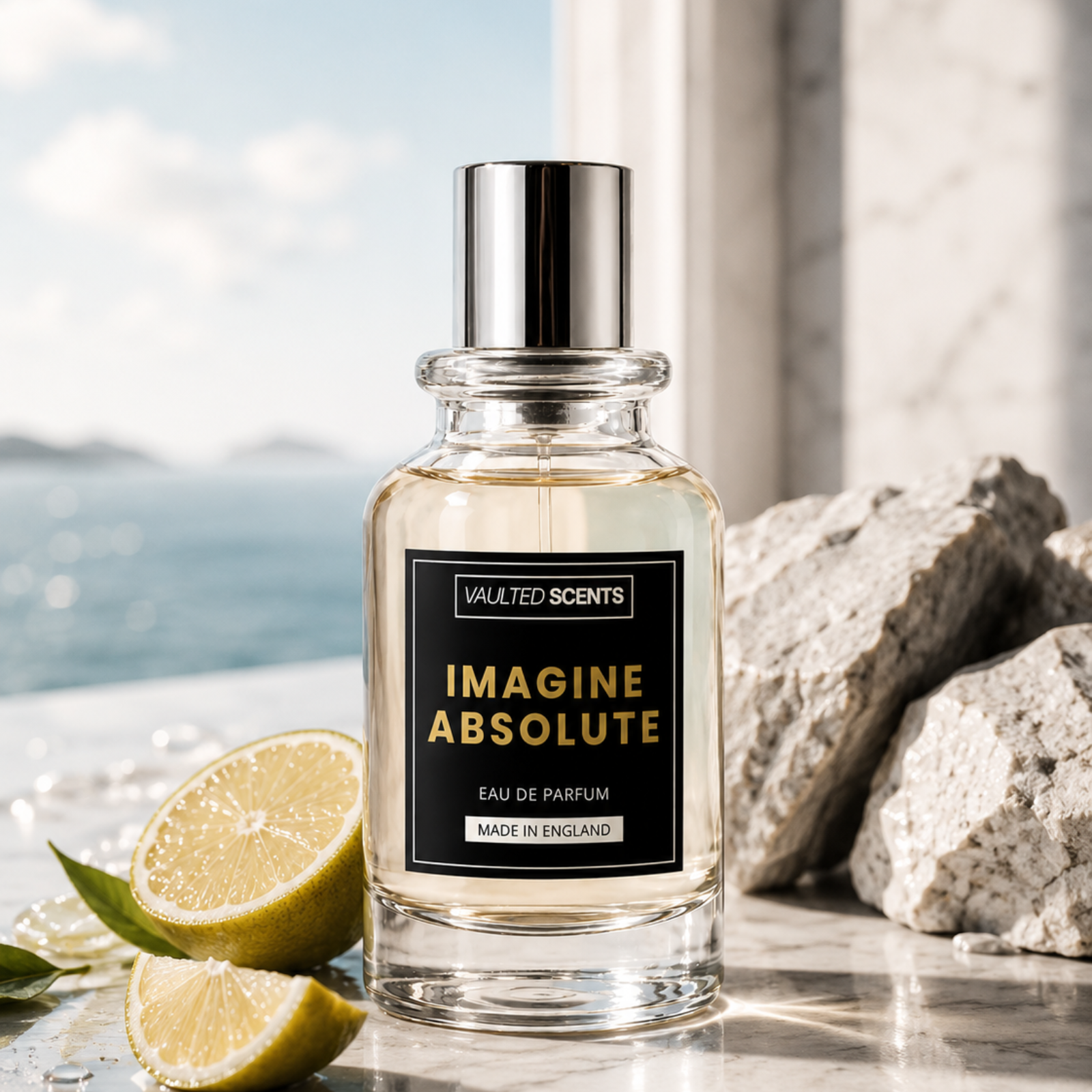 A bottle of Valued Scents 'Imagine Absolute' Eau de Parfum stands on a marble surface with a blurred seaside background, flanked by fresh lemon slices and rough white rocks. The clear glass bottle contains a pale golden liquid and features a black label with gold lettering and a silver cap. inspired by louis vuitton imagination - Imagine Absolute by Vaulted Scents - Designer inspired luxury fragrances, perfumes, aftershaves made in uk