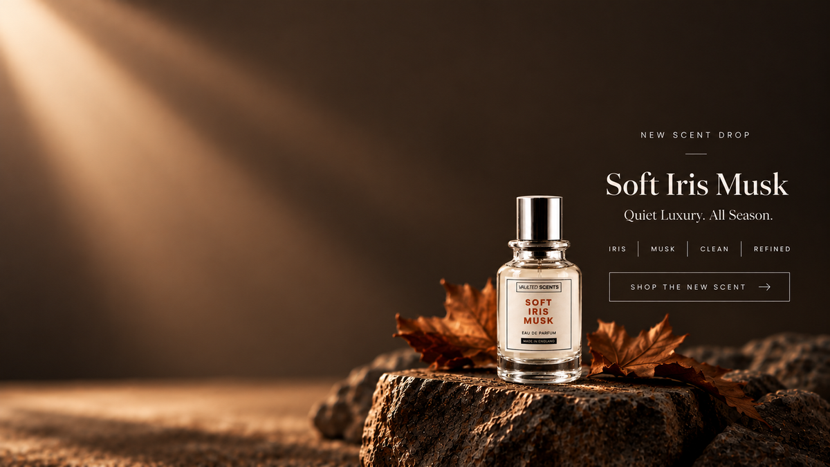 A clear glass perfume bottle labeled 'Soft Iris Musk' by Scent of Somewhere stands on a textured stone surface with dried brown leaves, set against a warm dark brown background with dramatic light rays and promotional text on the right.