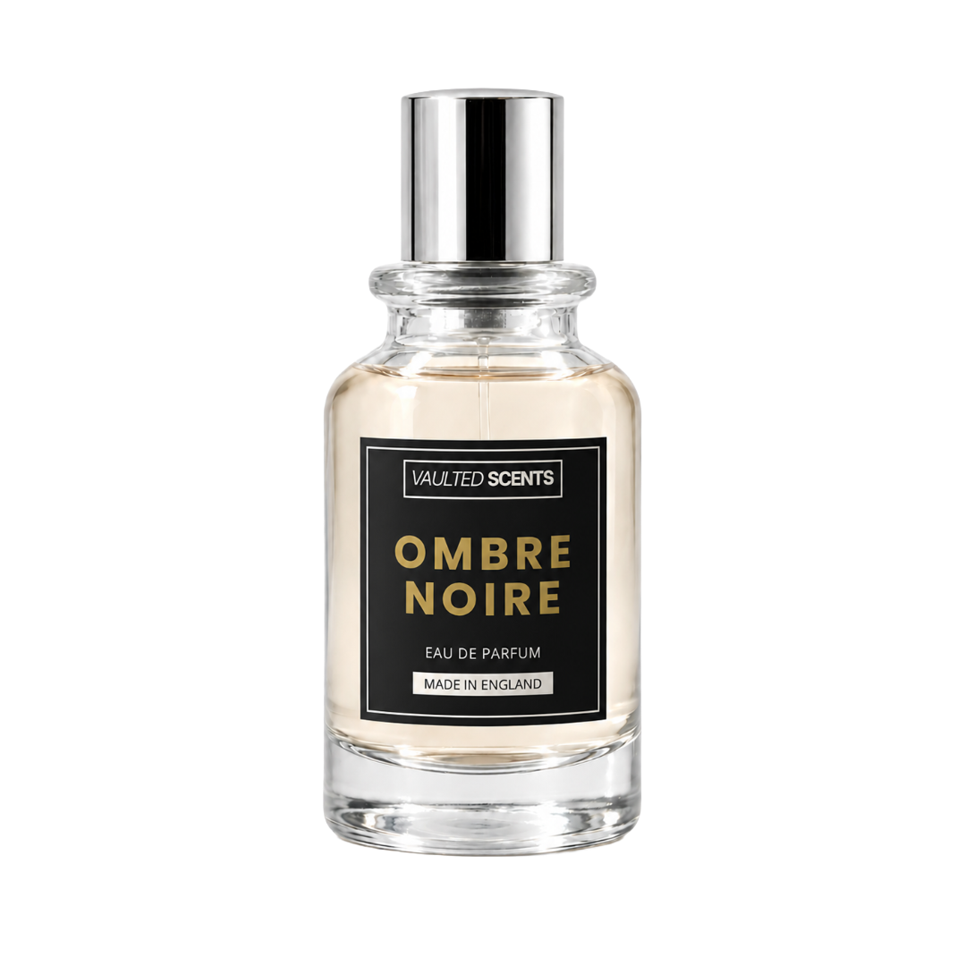 Ombre Noire perfume bottle featuring smoky oud, rose, raspberry and benzoin notes