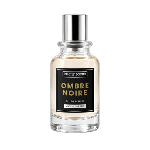 Ombre Noire perfume bottle featuring smoky oud, rose, raspberry and benzoin notes