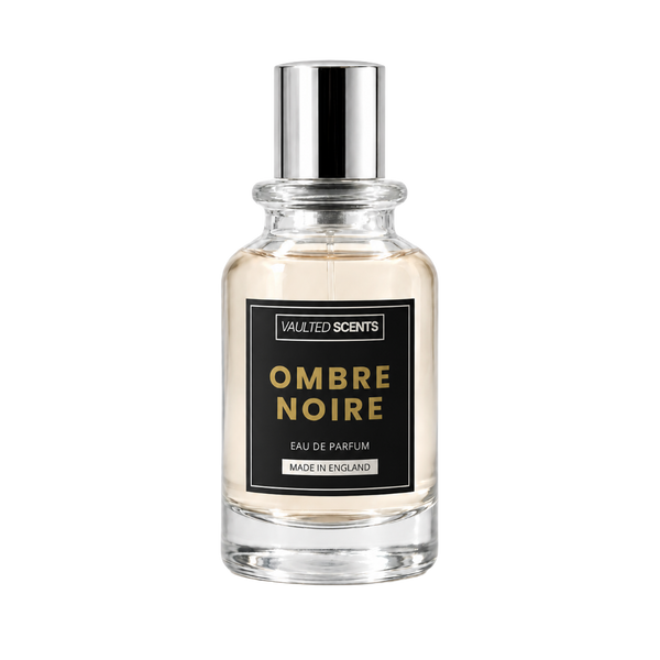 Ombre Noire perfume bottle featuring smoky oud, rose, raspberry and benzoin notes