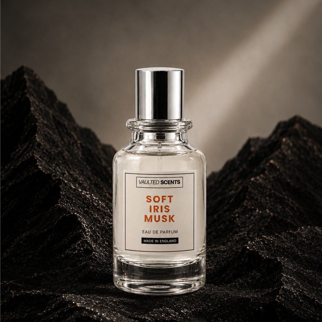 Product image of Soft Iris Musk by Vaulted Scents, a soft powdery floral musk fragrance crafted in England. Inspired by Frédéric Malle L’Eau d’Hiver, this elegant perfume features iris, honey, lemon, jasmine, hawthorn, angelica and white musk for a clean, intimate and refined scent.