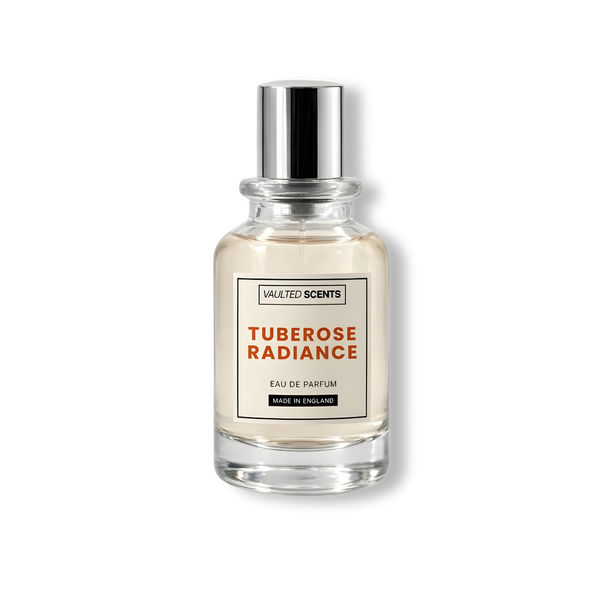 Tuberose Radiance designer inspired perfume dupe of Kilian Love Don't Be Shy — sweet gourmand tuberose and vanilla EDP crafted in England by Vaulted Scents